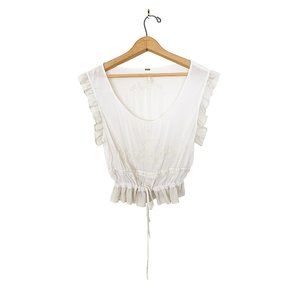 VINTAGE FREE PEOPLE WHITE SHEER RUFFLE BLOUSE S/P